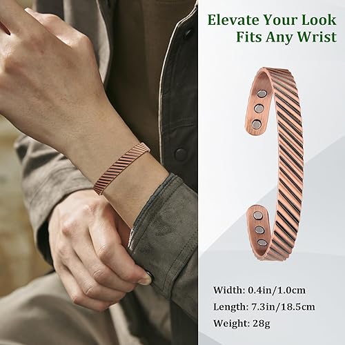 Miniatura 4 de Pulseras de cobre para hombres 99.99% cobre puro 7.3 pulgadas 3500 Gauss magnético ajustable Navidad regalo del día del padre