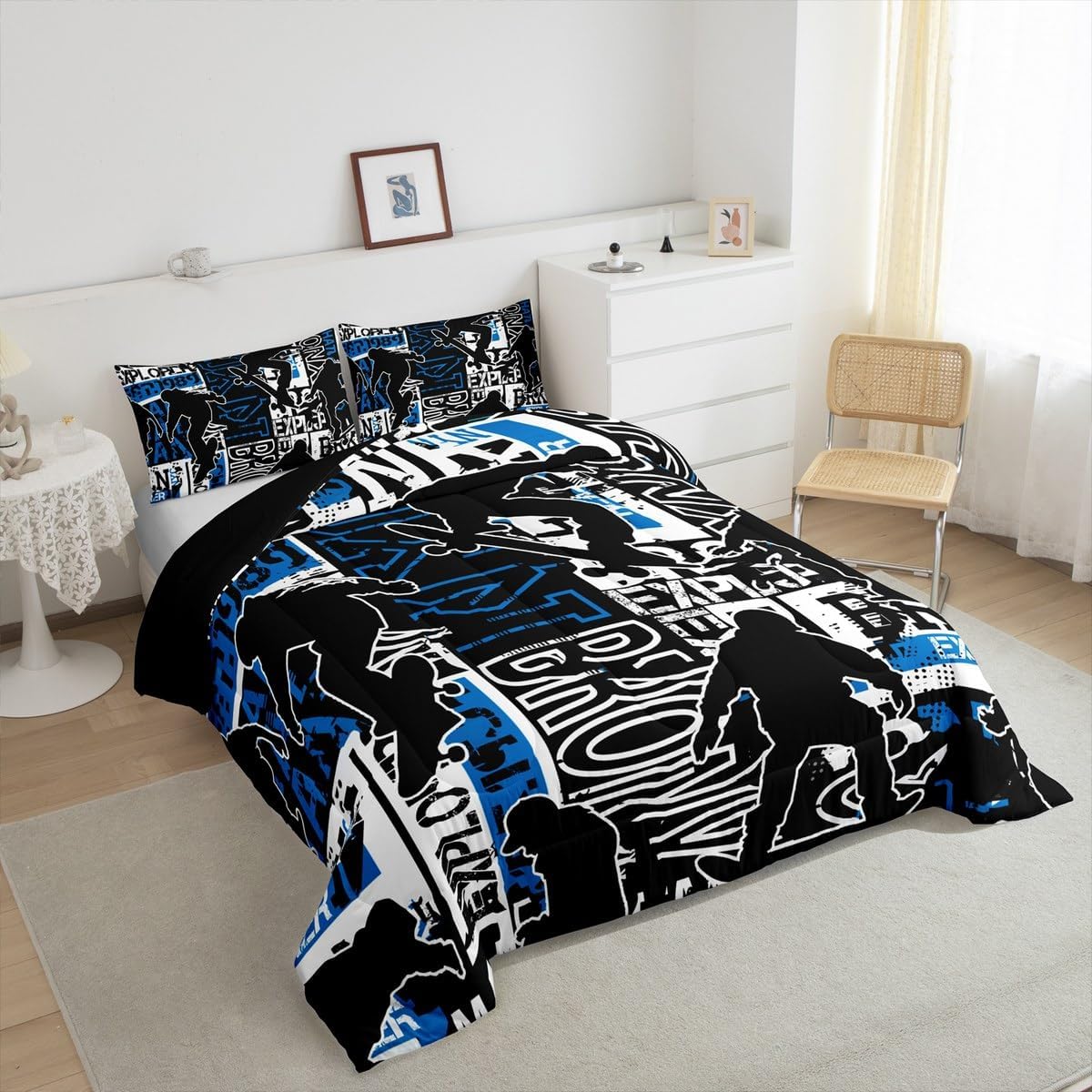 Boys Skateboarding Silhouette Bedding Comforter Set Twin Size for Kids Teens Men Home Room Decor,Black Navy Blue White Hip-hop Style Graffiti Quilted Duvet Street Extreme Sports Duvet Insert 2pcs