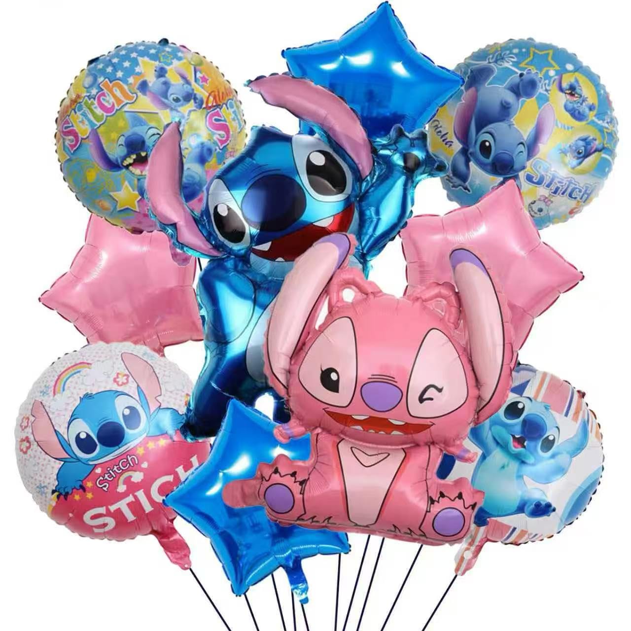Photo 1 of 10-Piece Stitch Aluminum Balloon Set - Stitch & Classic Design, Vibrant 3D Cartoon Shape, Party Decoration Essential, Durable Foil Material