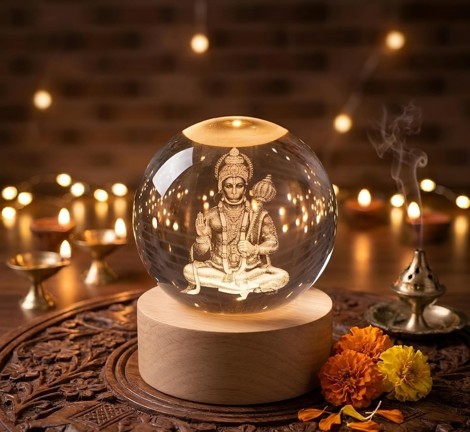 3D Hanuman Crystal Ball Night Lamp with LED Wooden Base | Engraved Hanuman Idol Crystal Globe Light | USB Powered Color Changing Night Light for Home Décor, Office Desk, Bedroom & Birthday Gift-image-8