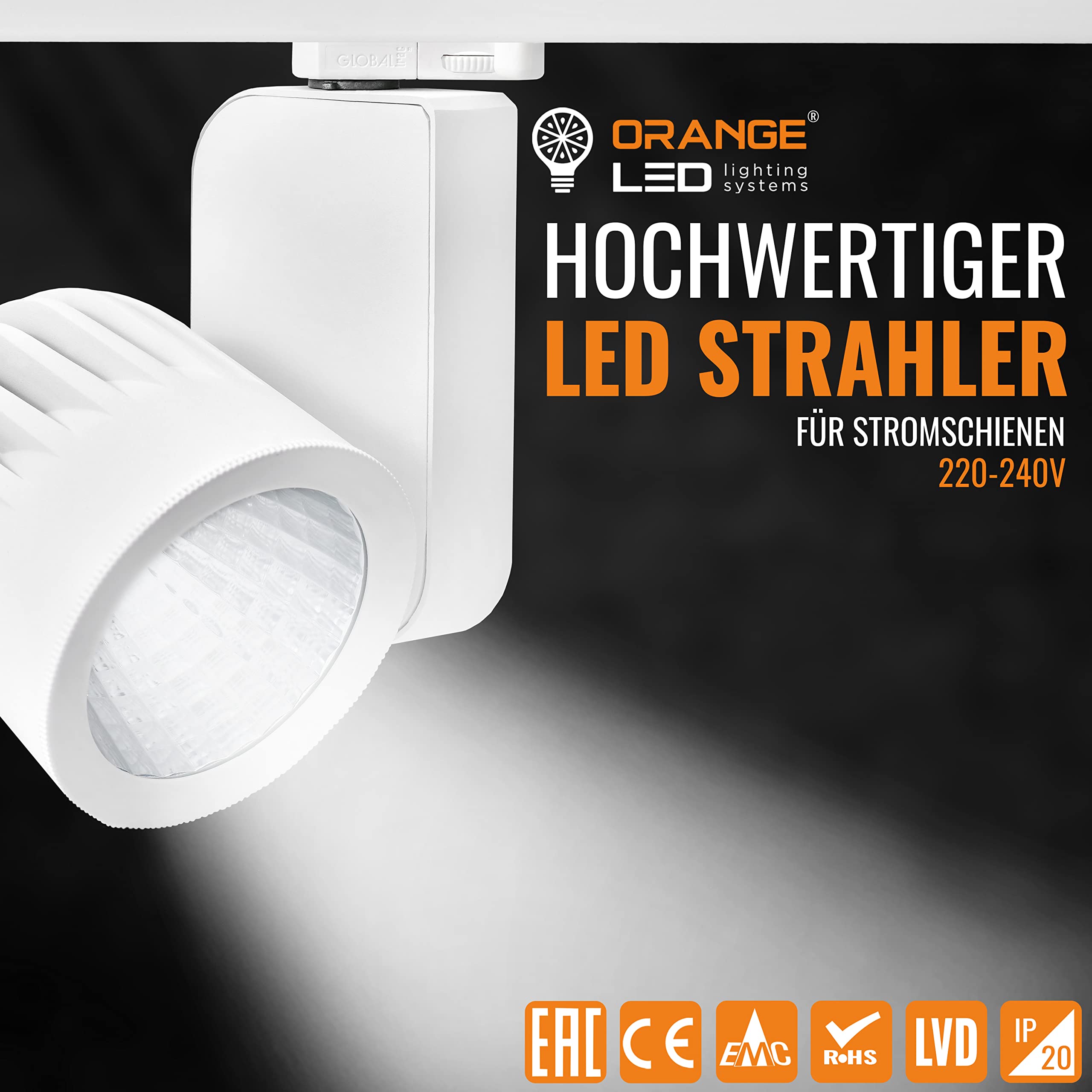 ORANGE LED 3-Phasen Schienen Deckenstrahler - OR-601 LED Spot weiß - 40W - 30° - hochwertiger LED Strahler für Stromschienen - Schienensystem Leuchte - Stromschienenstrahler (4000K)