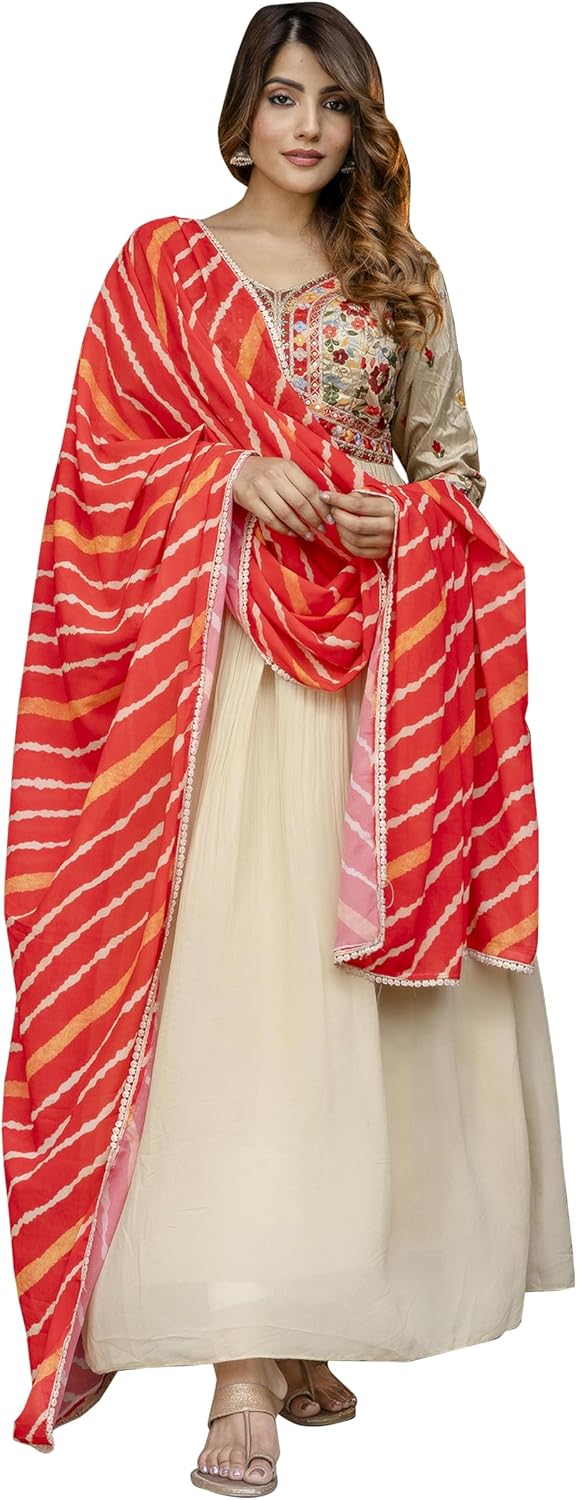 TRENDMALLS Women's Georgette Embroidery Sequence work Anarkali Kurta Pant Set with Dupatta for Women (G284-OffWhite-3XL)