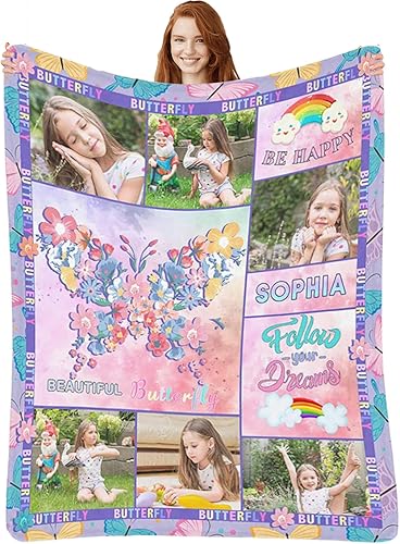 Artsadd Manta de mariposa personalizada para bebés y niñas, manta personalizada para niños con foto y nombre, manta de envoltura personalizada para