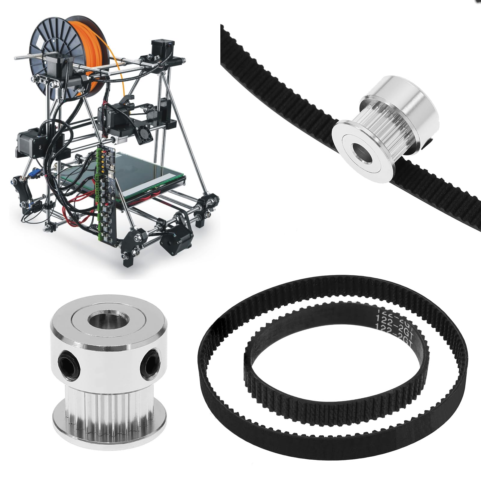 Pasek rozrządu do drukarki 3D 2GT-6 110 mm, 122 mm, 158 mm, 200 mm, 300 mm, 400 mm, gumowy pasek o szerokości 6 mm i 2 szt. koła pasowego paska rozrządu, 20 zębów, otwór 5 mm, 6 szt