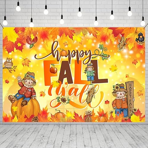 Cartón de fondo con texto en inglés Happy Fall Y'all, decoración de fiesta de Acción de Gracias, hojas de arce, calabaza, fondo de fotos para