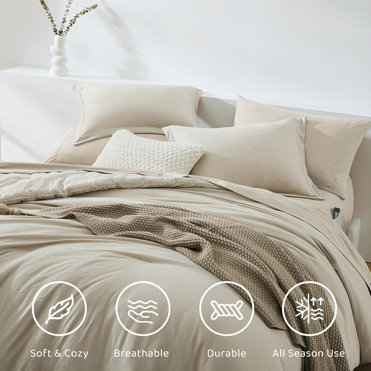 Twin XL Comforter Set- 5 Pieces Prewashed Bed in a Bag Twin Bedding Sets | Soft All Season Comforter with Sheets, Pillow Sham & Pillowcase, Light Oatmeal thumbnail