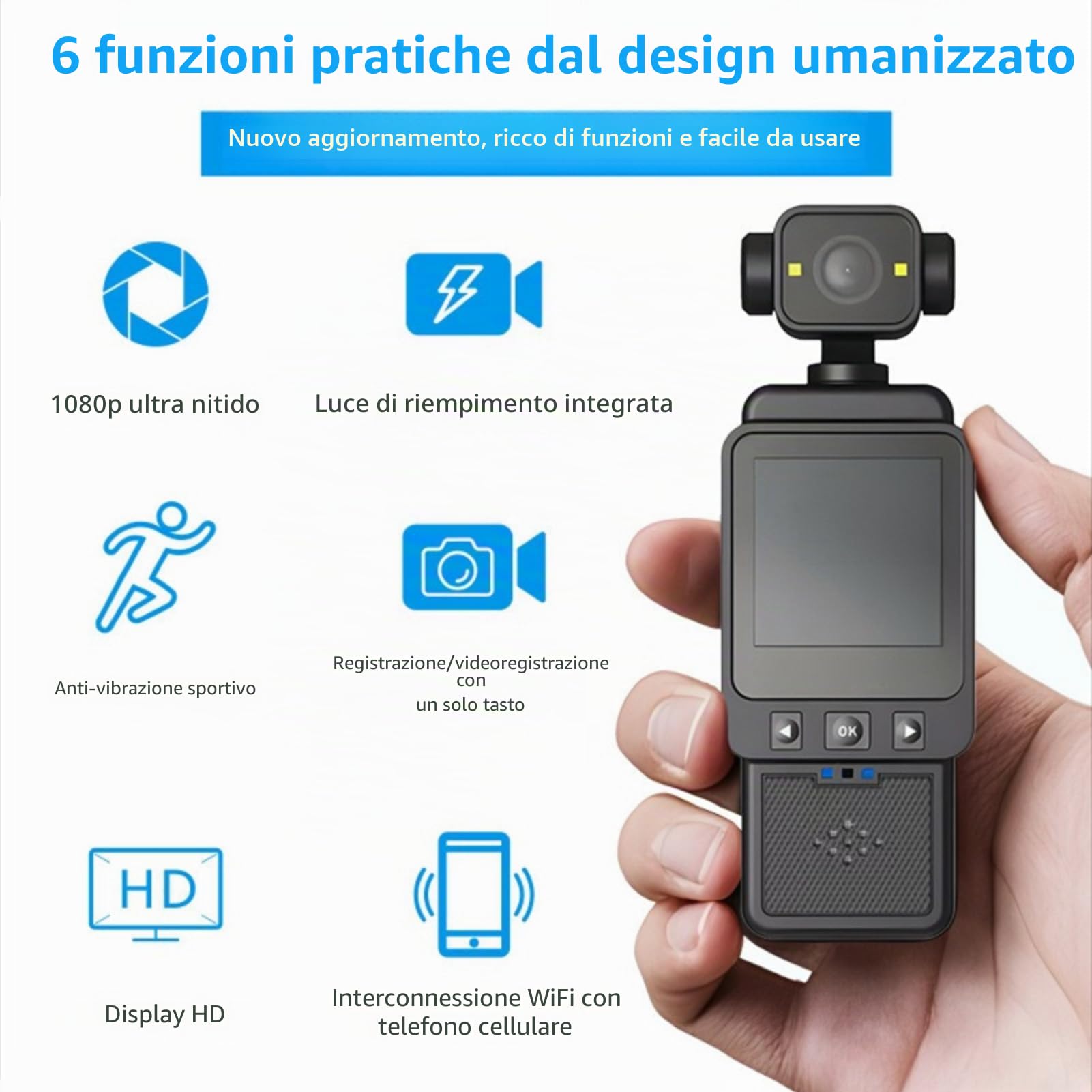 Denash Camera Vlog 1080p con Obiettivo Rotante a 270 °, Stabilizzazione Digitale e Schermata da 1,53 "， Videocamera Multi -montaggio per Video Esterni