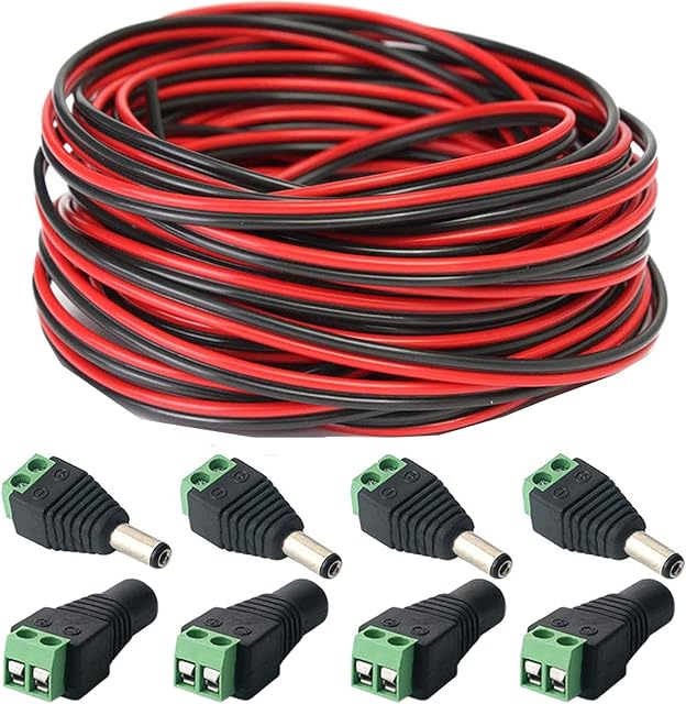 RUNCCI-YUN 20m 22WAG 2 Pin LED Strip Extension Cable 12V Cord LED Wire for SMD 3528 2835 5050 5630 LED Tape LED String Light or Other DC 5V-24V Device, w/ 5.5 x 2.1mm DC Jack Plug Adapter Connector