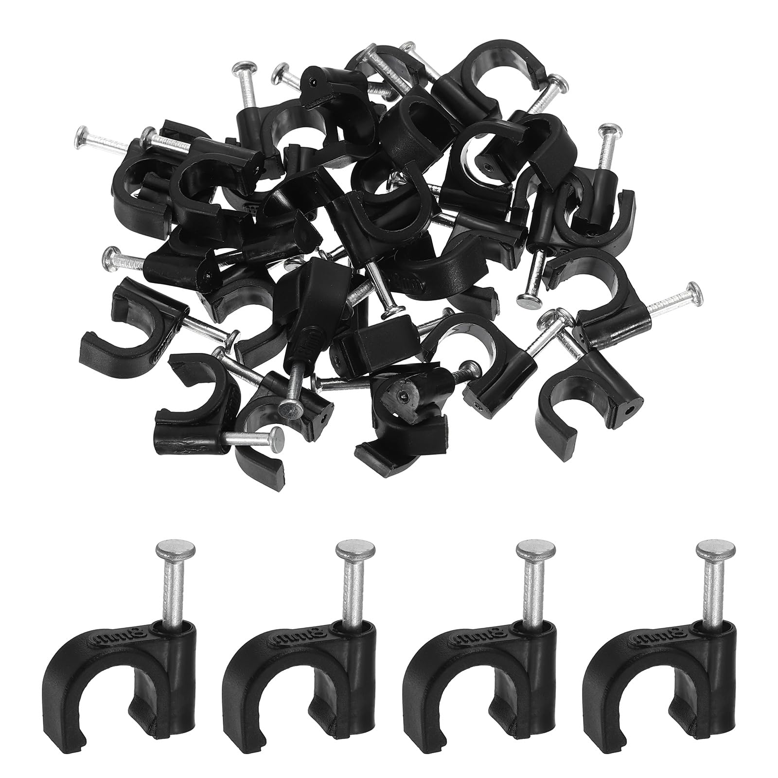 sourcing map 120pcs Cable Clips with Nail 8mm ID Circular Single Half Clamp J-Hook with Nail Cord Clips for Wires on Wall for Ethernet Tacks Coax Pex Tubing Pipe Support, Black
