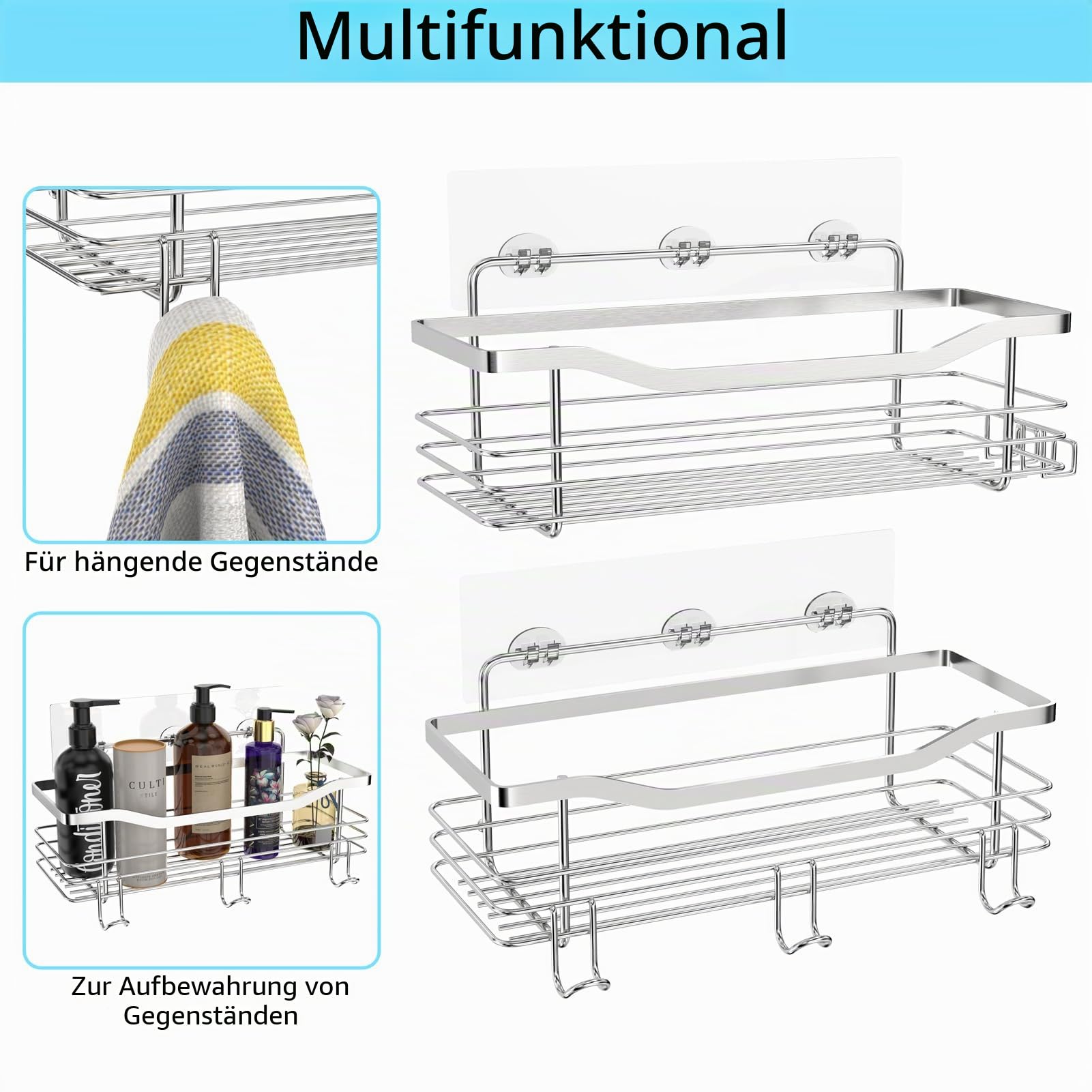 Duschablage ohne Bohren, Duschkorb Selbstklebend Duschregal Edelstahl Badregal Shampoo Halterung, für Bad Küche Toilette mit 5 Haken (2 Stück Silber)