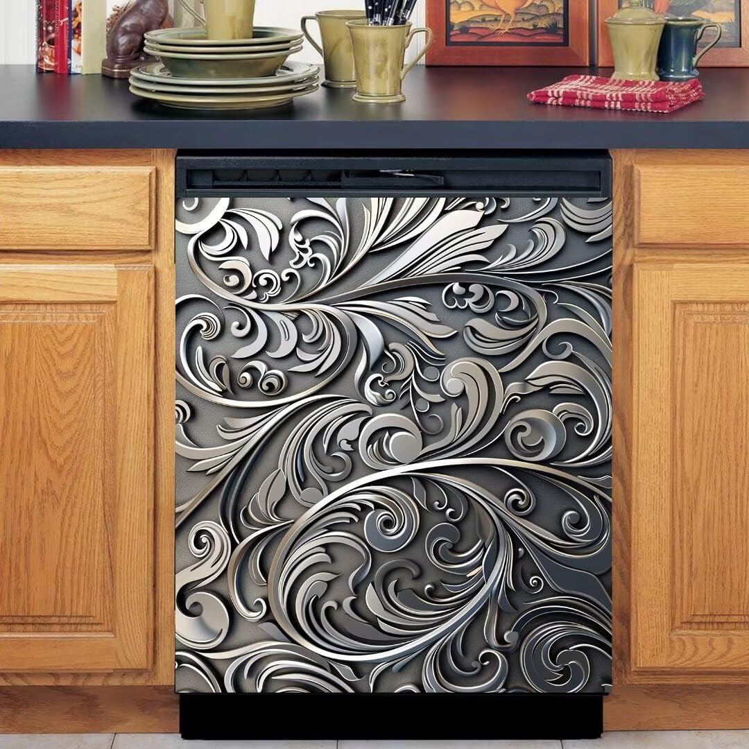 Black Vines Magnetic Dishwasher Cover,Fridge Door Cover Magnetic,Stainless Steel Wave Flower Pattern Dishwasher Magnets Art Skin Panel Decal,Home Decor Decal,Vinyl Sticker,Easy Update,23Wx26H Inches