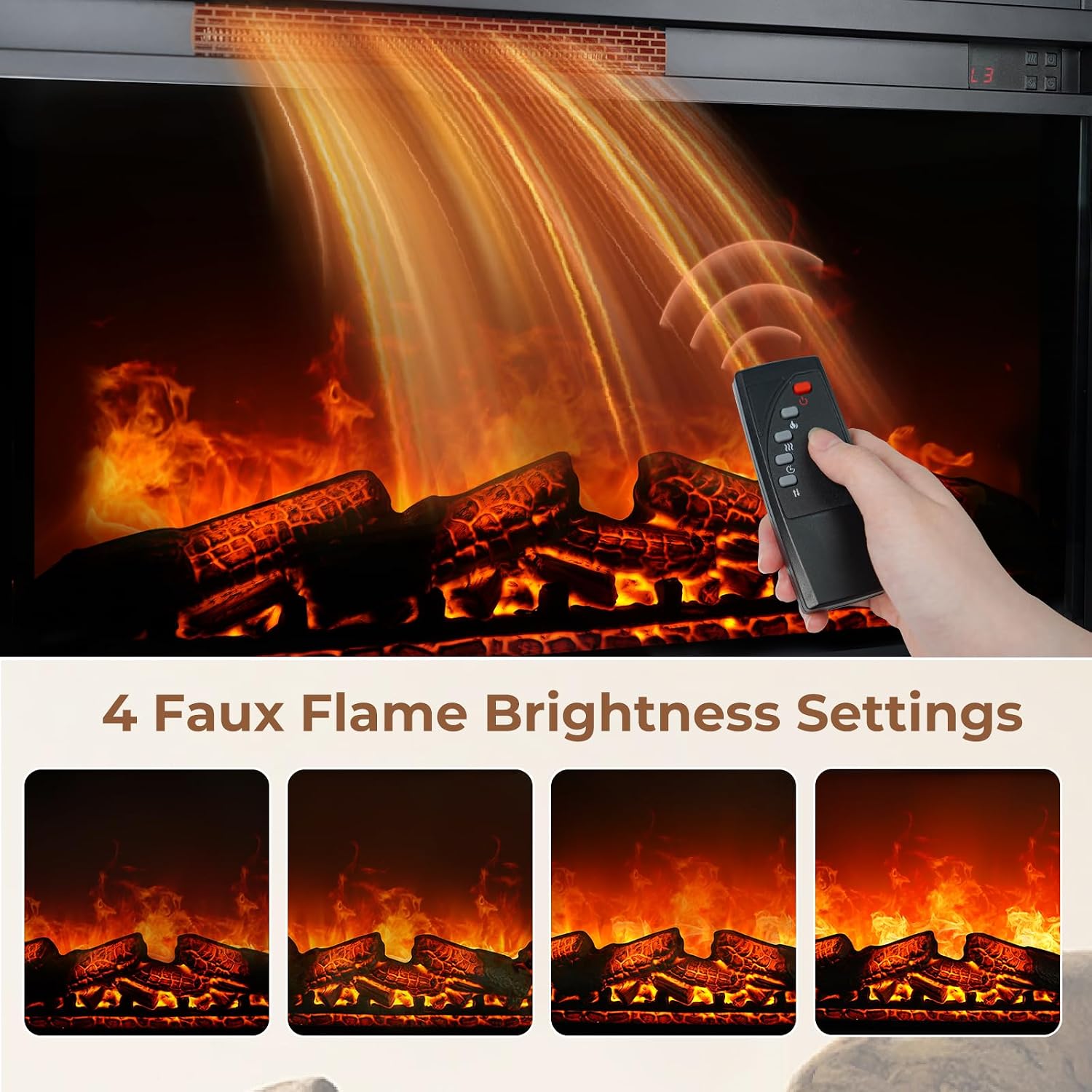 Four images demonstrating different flame brightness settings (L1 to L4) of the electric fireplace.