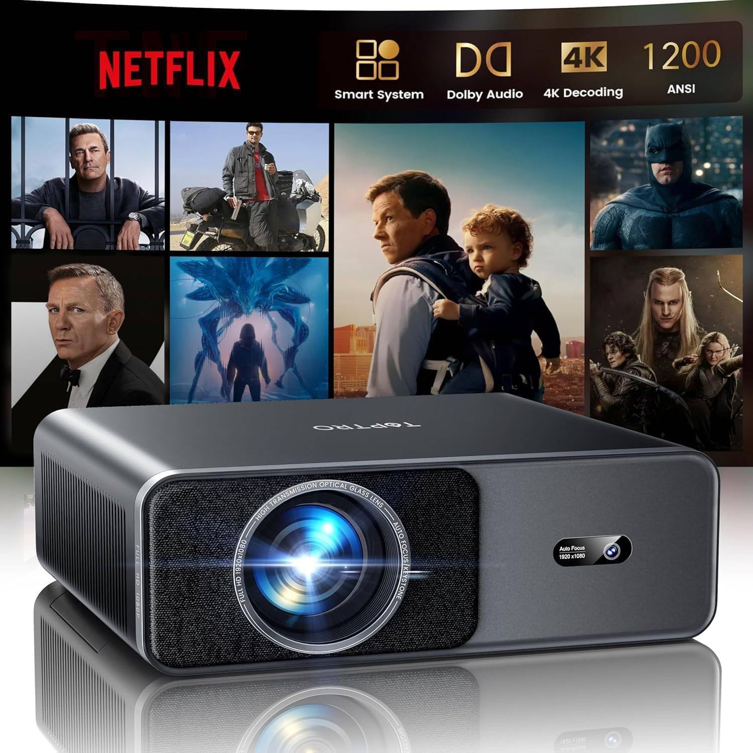 TOPTRO Smart Beamer Kompatibel mit Netflix, 20W Dolby Audio, 1200ANSI | Autofokus/6D Trapezkorrektur, Beamer 4K Heimkino Unterstützt, FHD1080P HDR10 WiFi 6/2-Wege-Bluetooth, geräuscharmer Projektor
