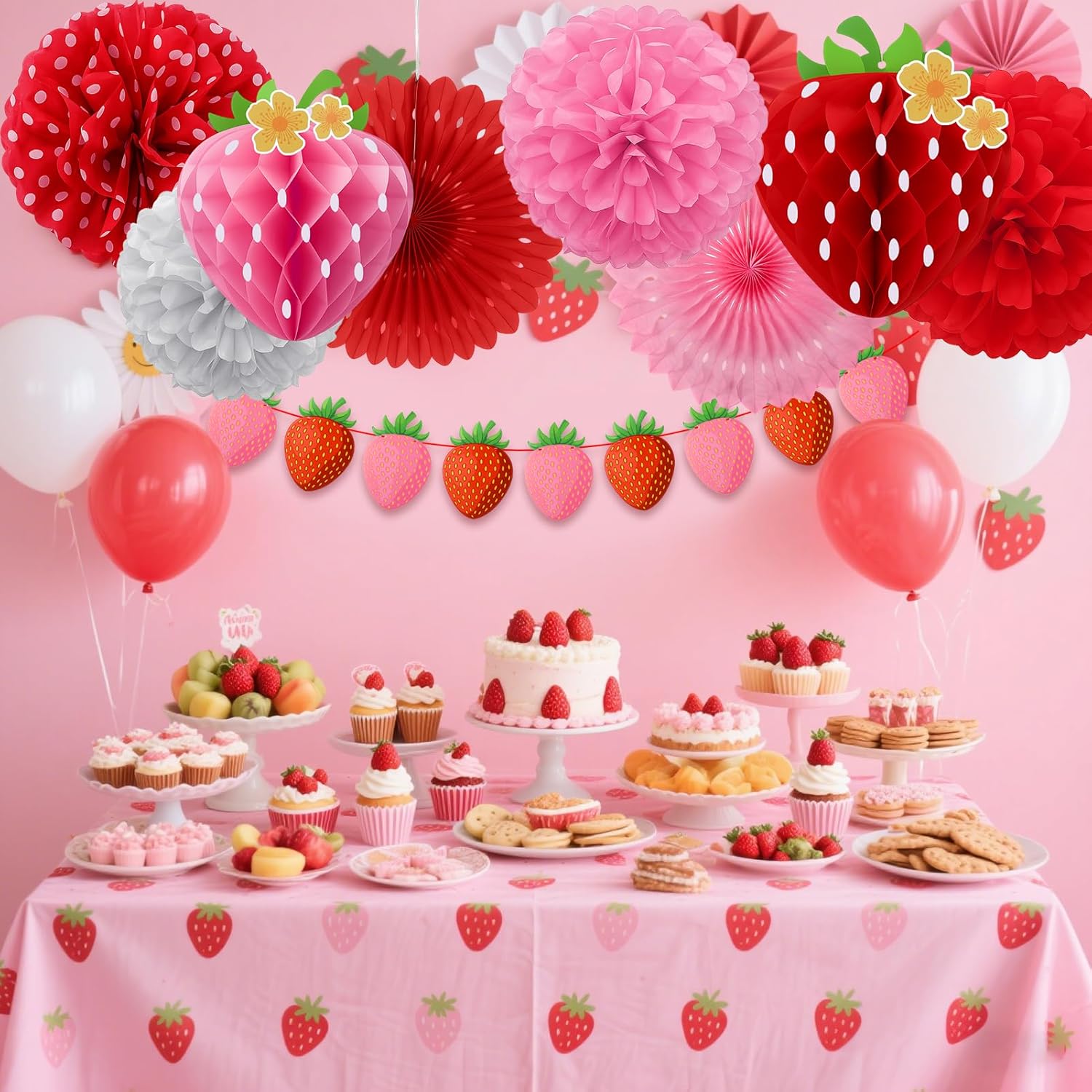 15 Pcs Strawberry Paper Fan Tissue Pom Poms Party Decorations, Strawberry Honeycomb Ball Garland Berry Banner Decor for Birthday, Baby Bridal Shower, Berry First Sweet Party Decorations Supplies - Image 2