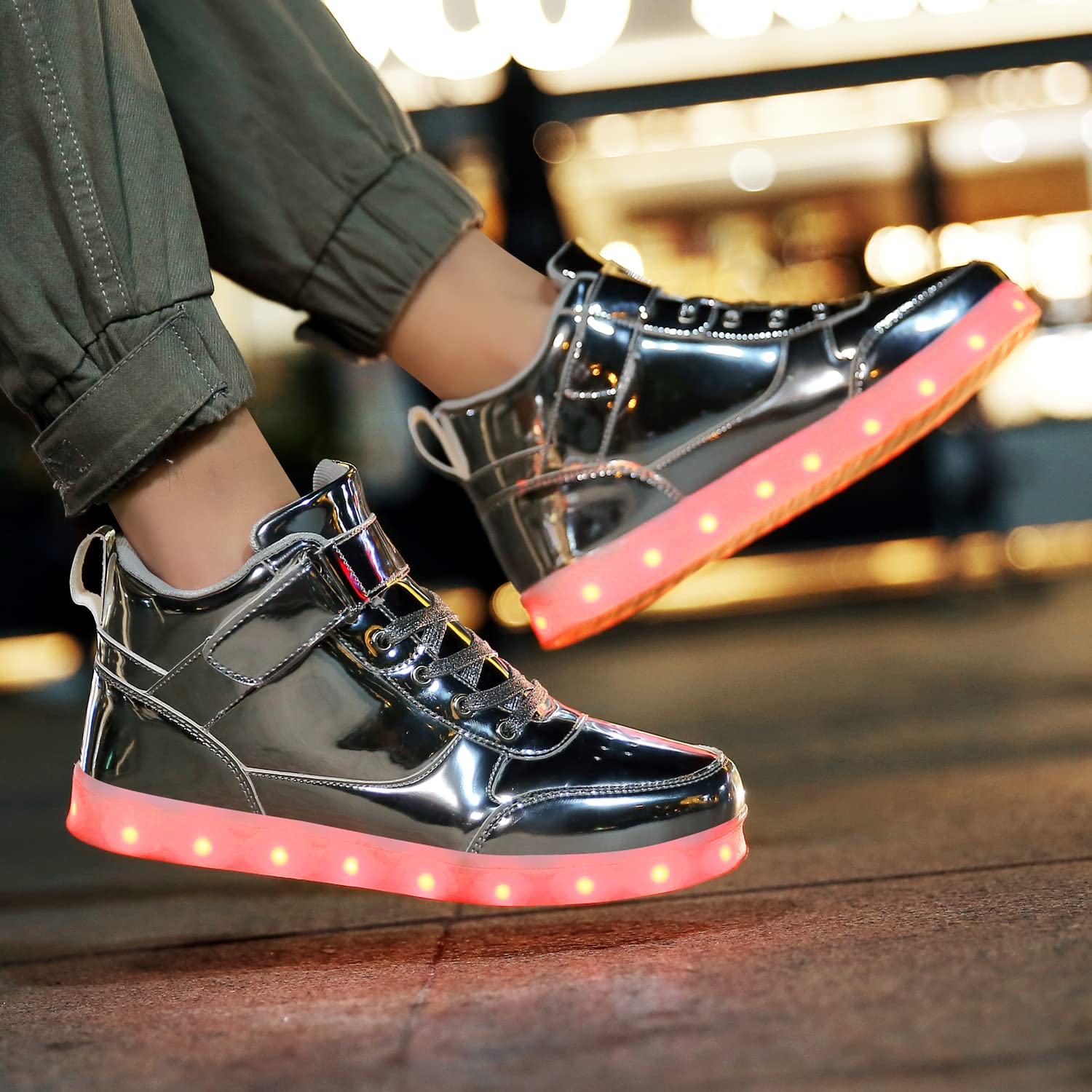 JEVRITE Unisex LED Light Up High Top Sneakers - USB Charging for Women & Men - Couples Shoes: 10.5 Women/8.5 Men Silver