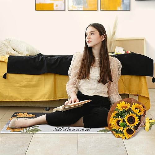 Miniatura 7 de Protikol Juego de 2 alfombras de cocina con diseño de girasol, antideslizantes, impermeables, resistentes a las manchas, para suelo, cocina,