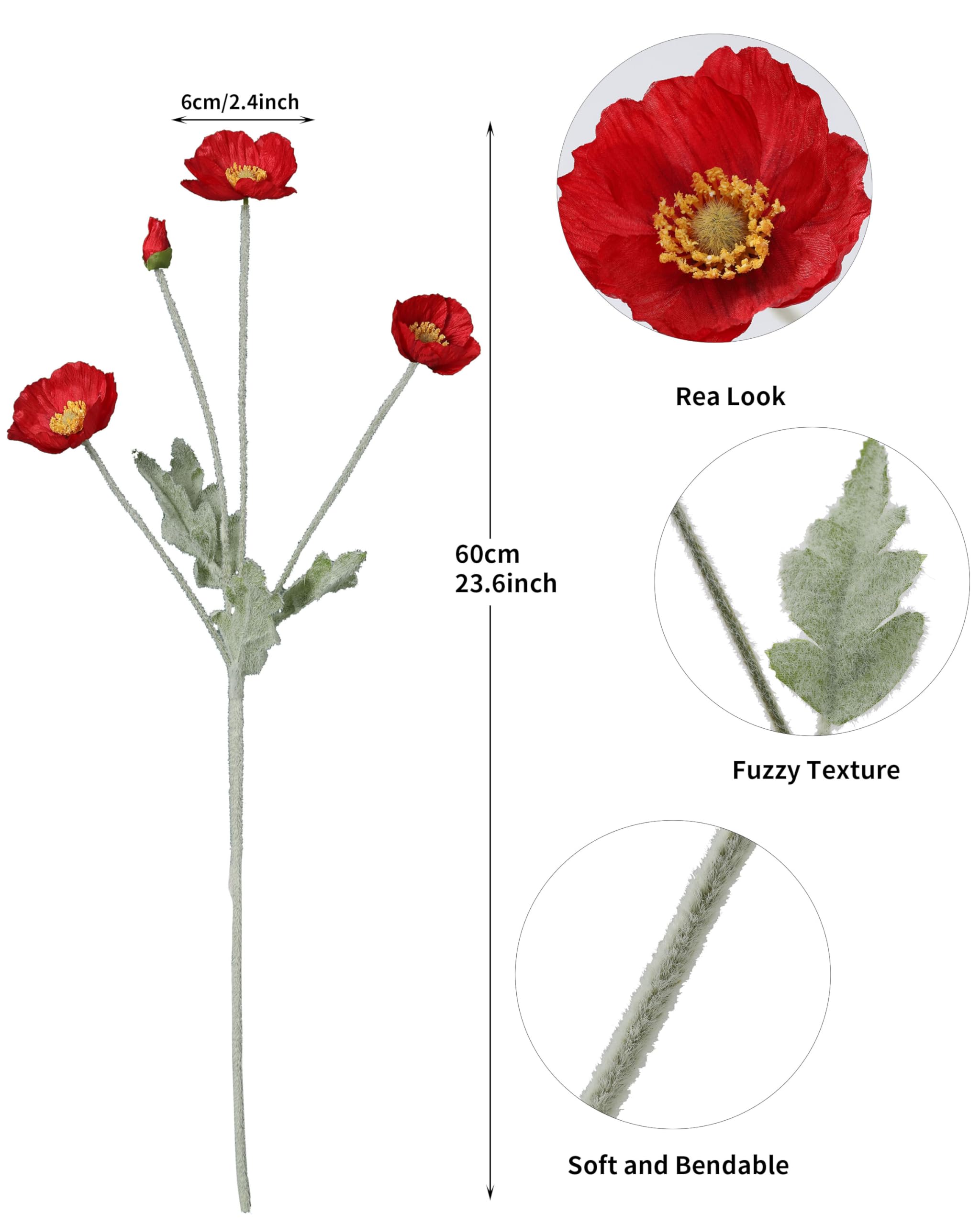 DuHouse 6 Pcs Artificial Poppies Flowers Silk Poppy Flowers for Home Table Centerpieces Decoration Office Wedding(Red) - Image 2
