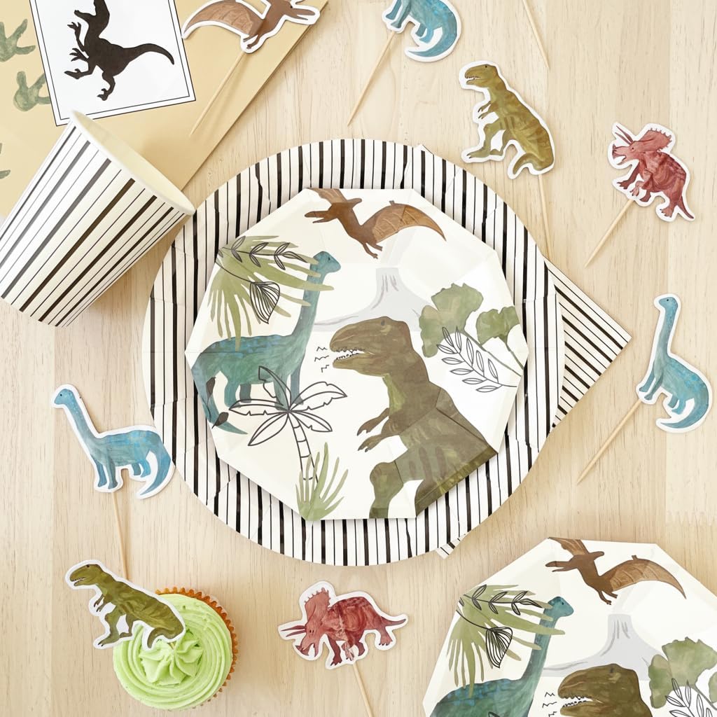 Pooka Jurassic Dinosaur Party Favor Treat Bags – 8 Pack | Brown Pastel T-Rex Gift Bags with Black Dino Warning Sign & Green Watercolor Footprints | Birthday Supplies, Dino Goodie Bags for Kids Party image 2