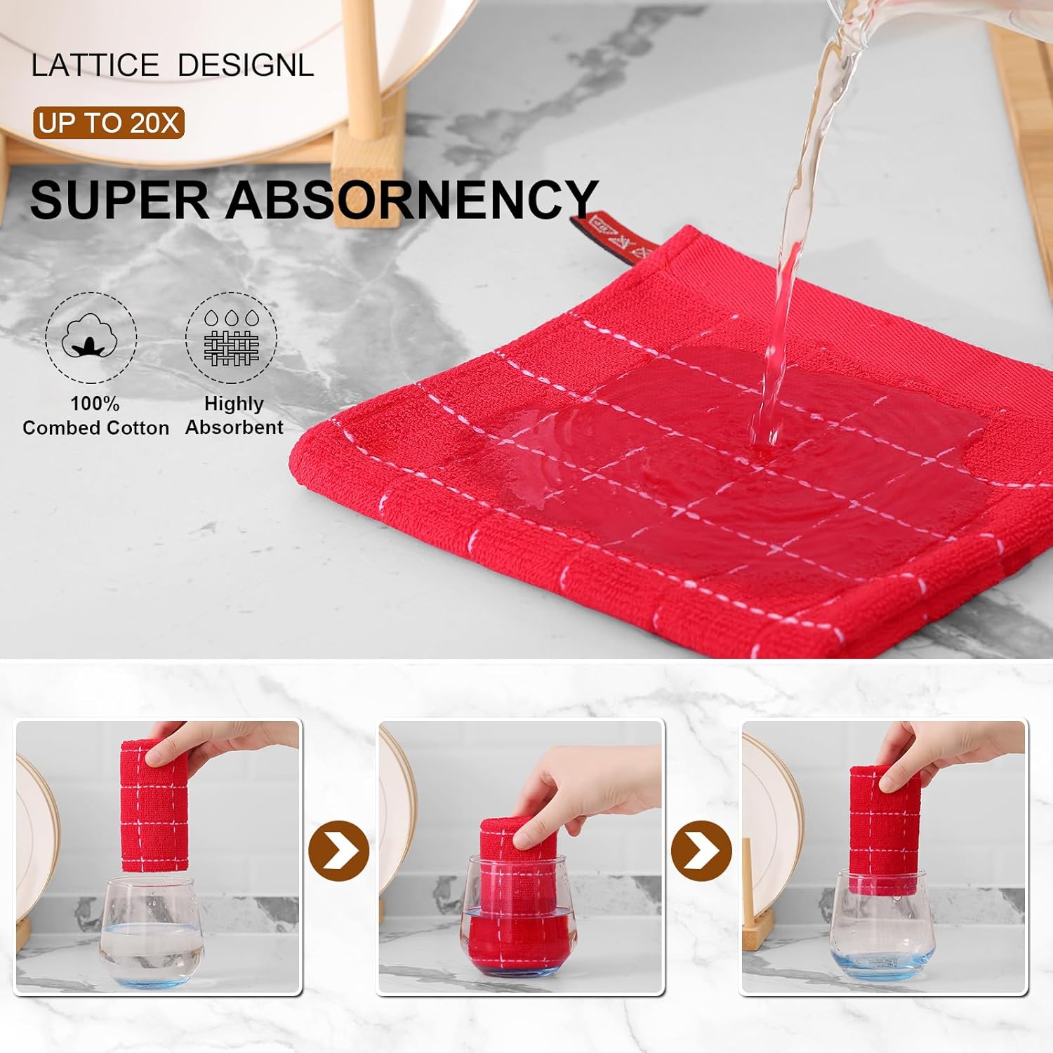 Mordimy 100% Cotton Terry Cloth Dish Cloths, Soft and Absorbent Checkered Dish Towels, Quick Drying Dish Rags for Washing Dishes, 6 Pack, 12 x 12 Inches, Red - Image 3