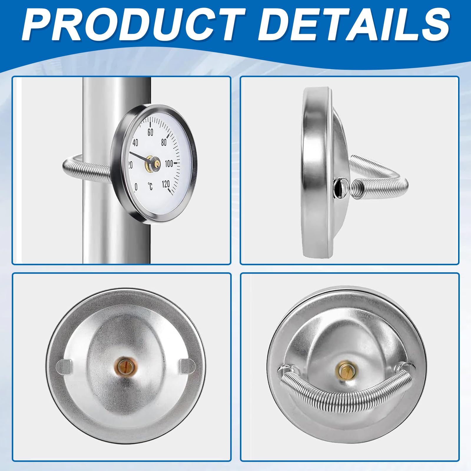 2 Stück Rohrthermometer Heizungsrohr, Rohrthermometer rostfreiem Stahl, Temperaturanzeige mit Clip-On 0-120 ℃, Tragbares Rohrleitungs Thermometer, Überwachung Rohrtemperatur (mit 2 Federn)