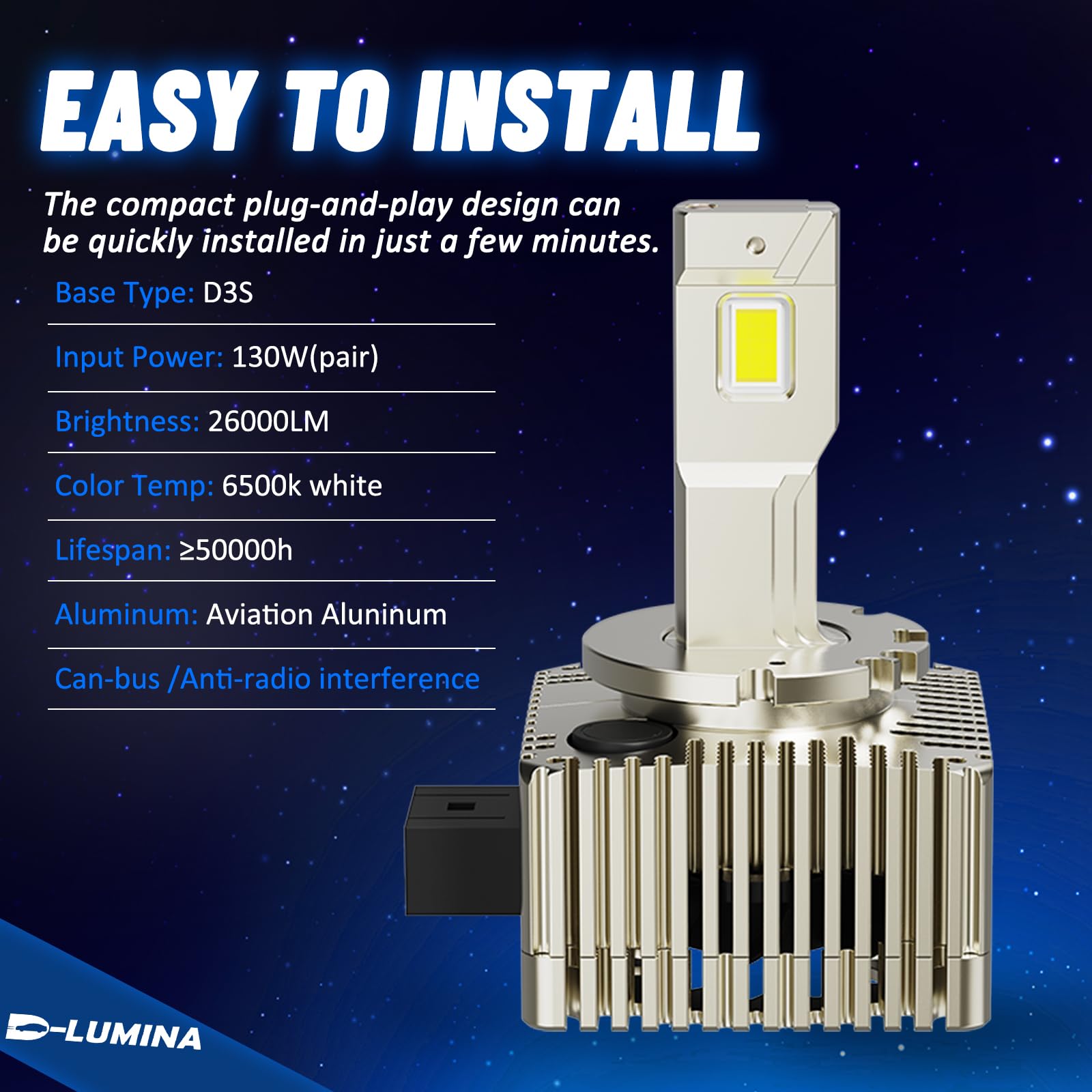D-Lumina D3S D3R Bombilla LED para faros Delanteros para Automóviles y Camiones, Bombillas LED H7 Superbrillantes, 26000lm, Kit de Conversión de Bombillas LED de 6500K, paquete de 2