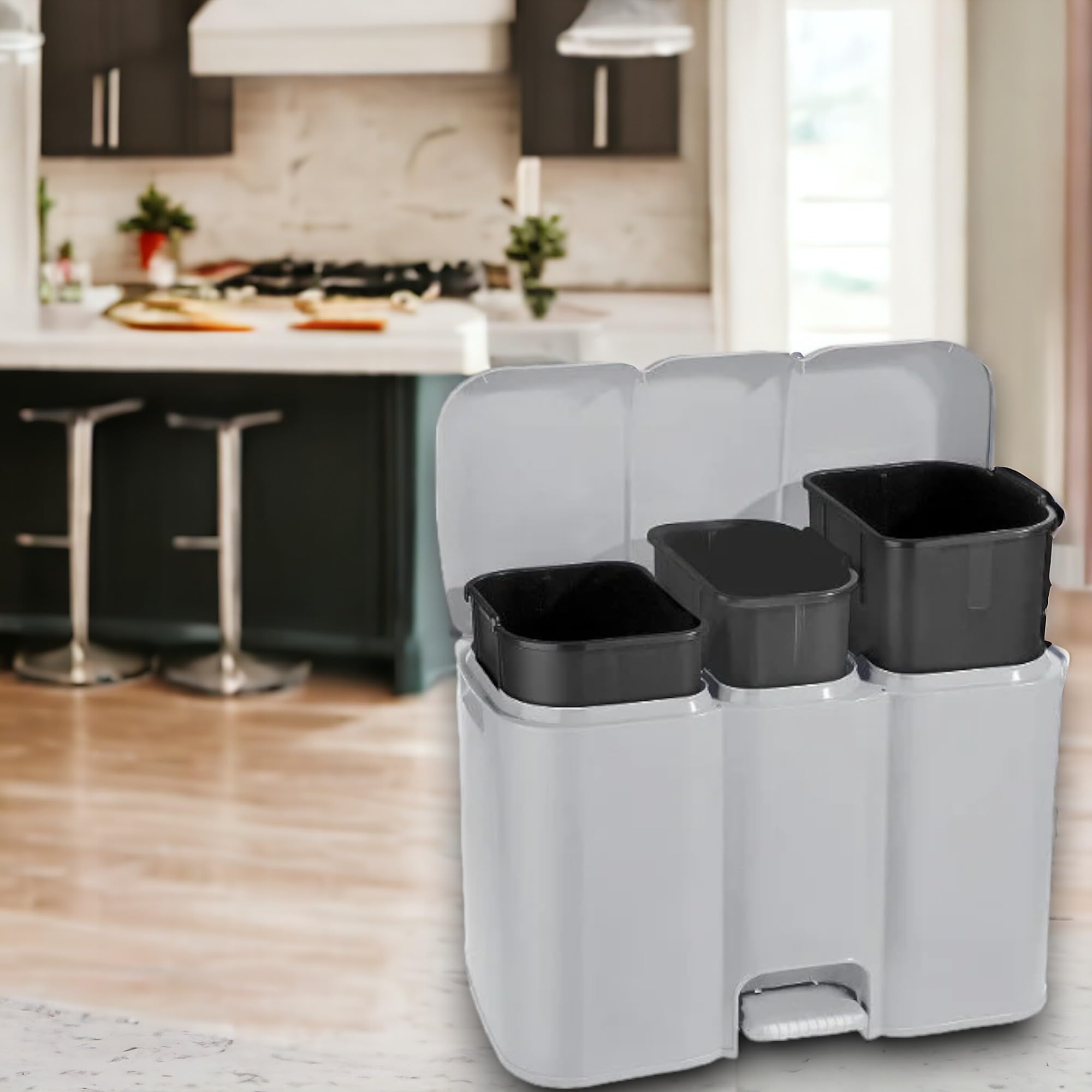 Tontarelli Pattumiera Per Raccolta Differenziata da Cucina, Grigio, Capacità di 13 + 13 + 8 Litri, Totale 34 Litri Plastica Polipropilene, Modello Patty 3 58,3x32x41,5 cm