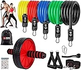 AB Roller & Resistance Bands - Set of 11 Pieces (Combo) Multiple Exercise Stretching & Workout Toning Tube Kit with Foam Handles, Door Anchor Ankle Strap & Carrying Bag