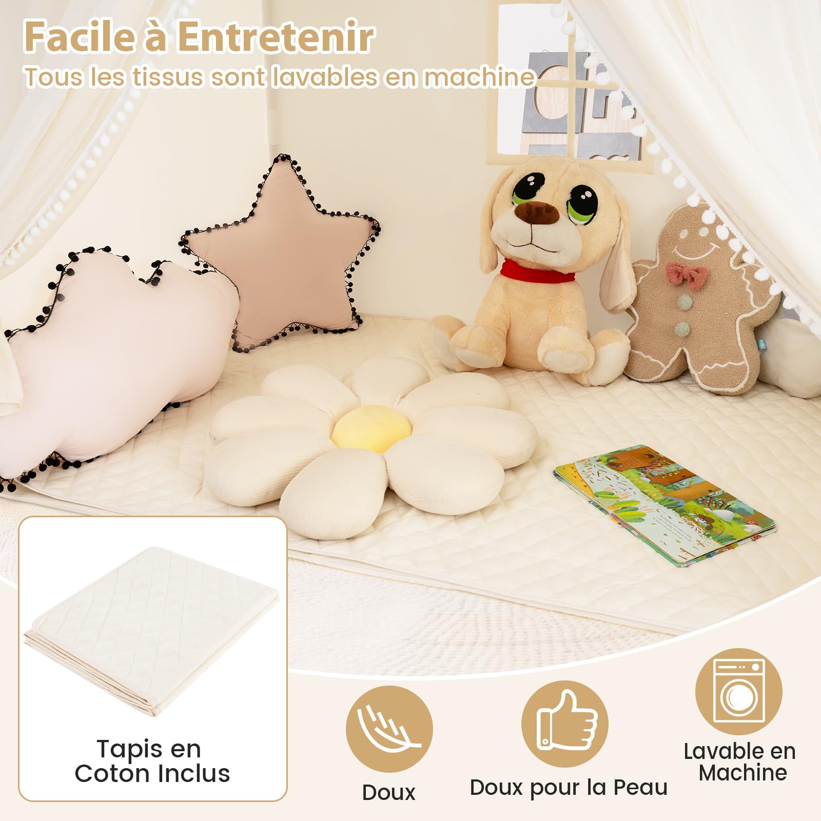 COSTWAY Tente de Jeux Enfant avec Rideaux en Tissu & Moustiquaire, Cabane Enfant Intérieure avec Guirlandes Lumineuses Étoiles & Fanions à Carreaux, Tapis Lavable, Maison de Jeux pour 3 Ans+