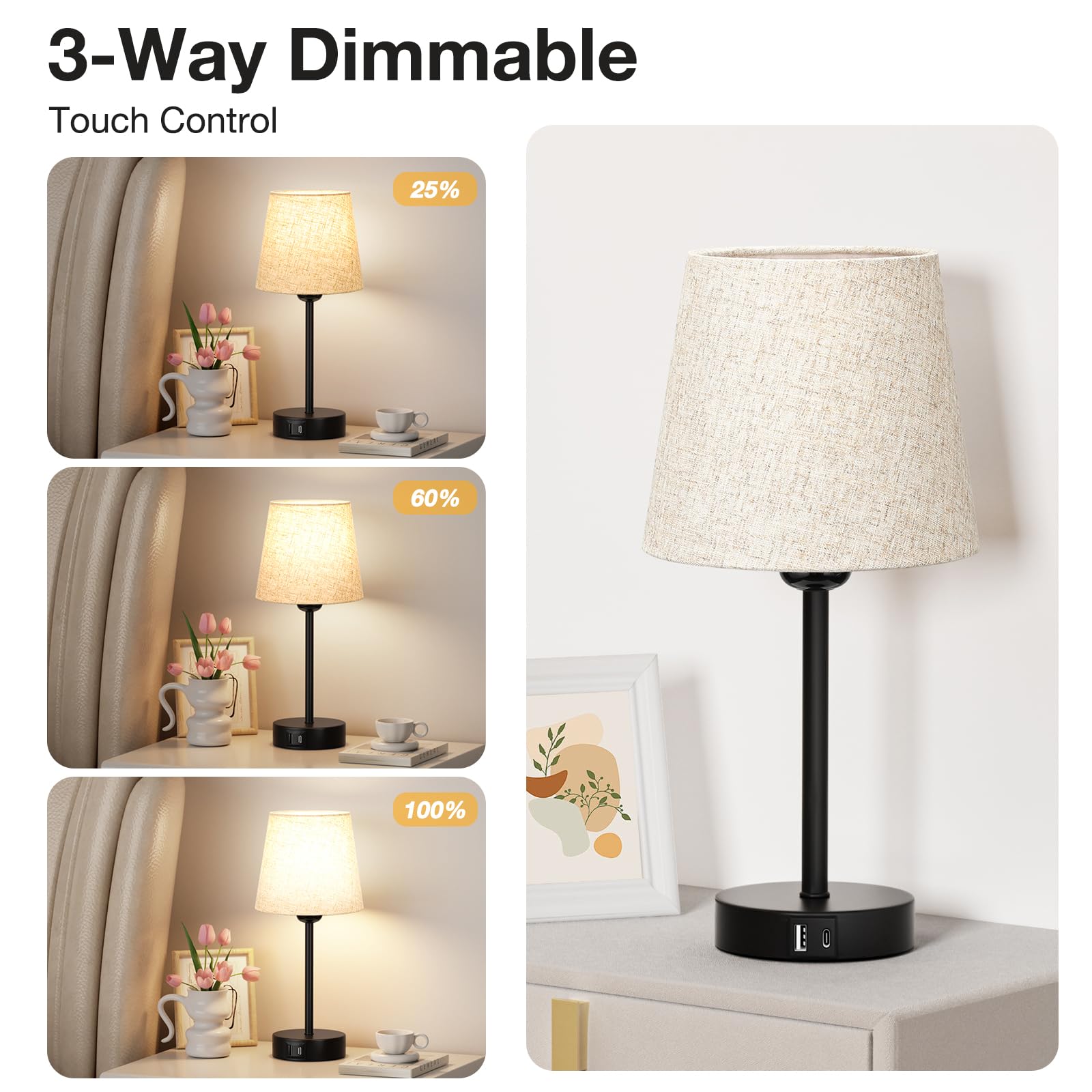 Aooshine Bedside Lamps Set of 2, 3-Way Dimmable Touch Table Lamps with USB A+C Charging Ports - Image 2