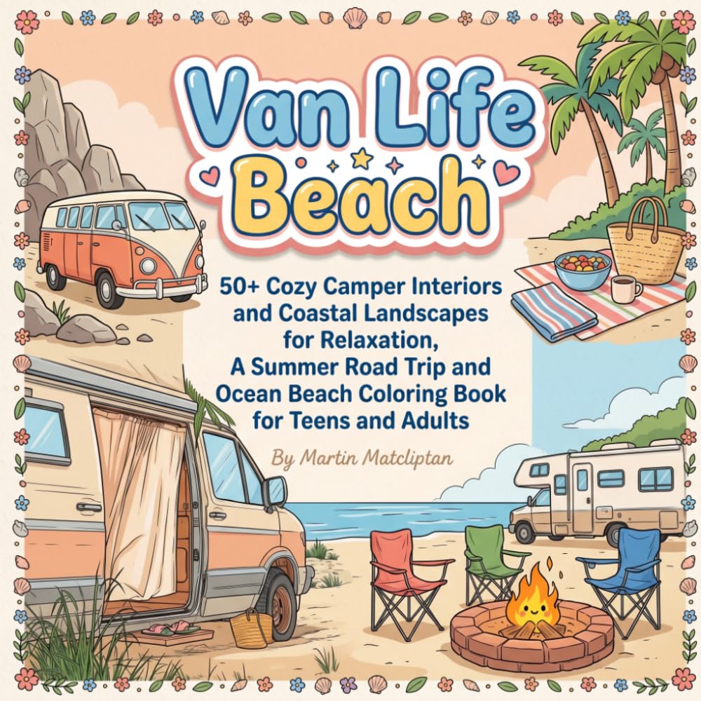 Van Life Beach: 50+ Cozy Camper Interiors and Coastal Landscapes for Relaxation, A Summer Road Trip and Ocean Beach Coloring Book for Teens and Adults (Cozy Cottage & Slow Living)
