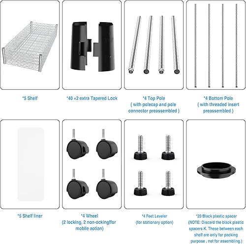 Miniatura 5 de Estantería de alambre NSF de 5 niveles, 14 x 30 x 60 pulgadas, capacidad de 750 libras, estante de metal de almacenamiento ajustable con ruedaspatas