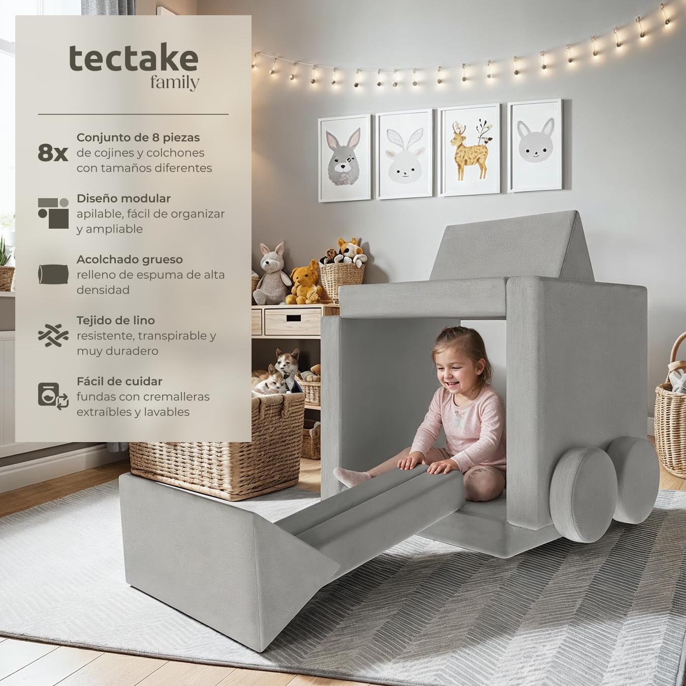 tectake® sofá Modular, 8 Piezas, apilable, Sillon Infantil con Fundas Desmontables, sofá Cama Plegable, Acolchado Grueso, Cama Infantil Plegable, sillón Cama - 120 cm Gris