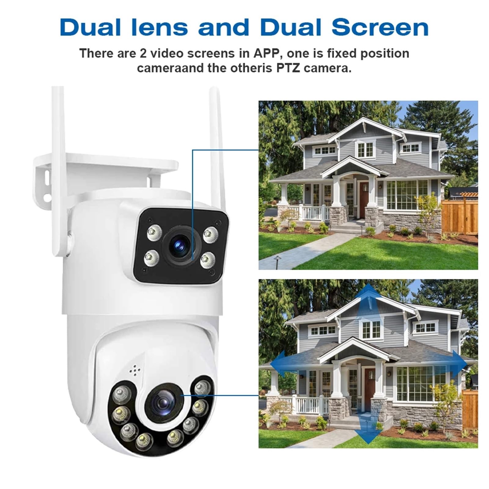 Telecamere di sicurezza per esterni, visione nottu Telecamera di sorveglianza esterna wireless PTZ Wi-Fi con doppio obiettivo 4K da 6 MP, rilevamento automatico dell'uomo, doppio schermo(NO CARD)