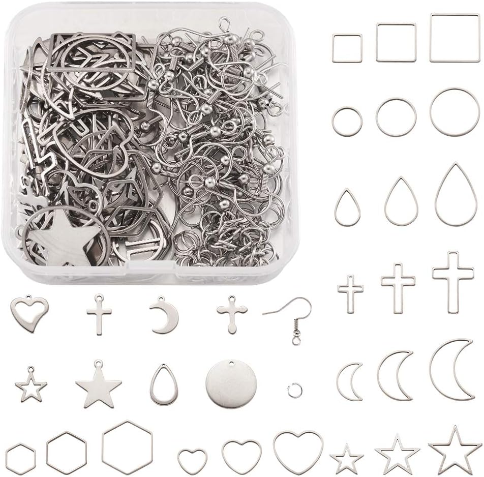 Craftdady 64Pcs Stainless Steel Moon Star Cross Heart Hollow Frame Charms Metal Blank Stamping Tag Pendants with 48Pcs French Earring Hooks, 48Pcs Jump Rings for Earring Jewelry Making