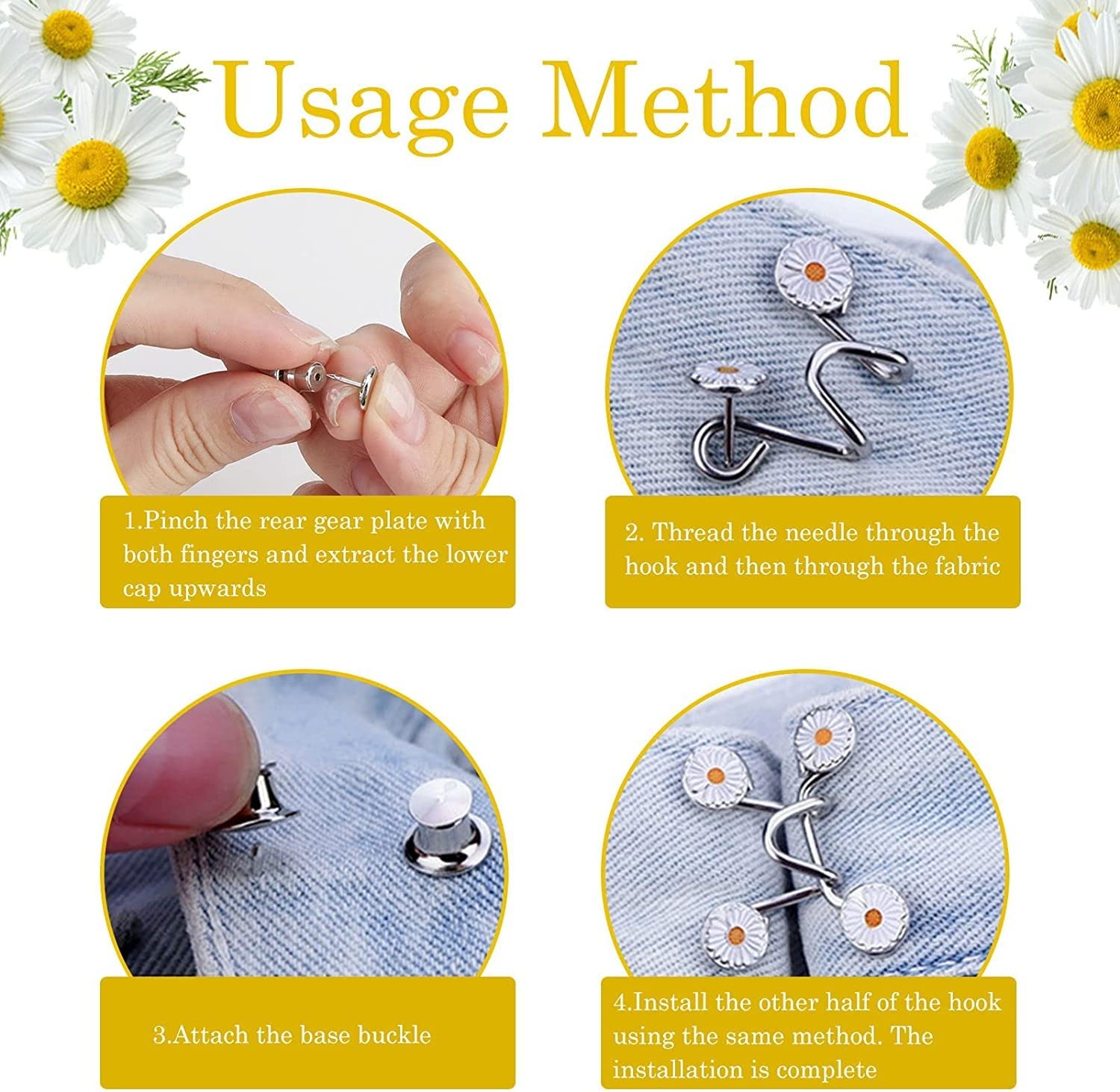 HEAVY DRIVER® 4pcs Pant Waist Tightener, Adjustable Waist Buckle Set, Extra Button for Jeans to Make Tighter, Instant Jeans Button Pins for Pants Jeans Skirts, No Sewing Required (Daisy Flower) 1