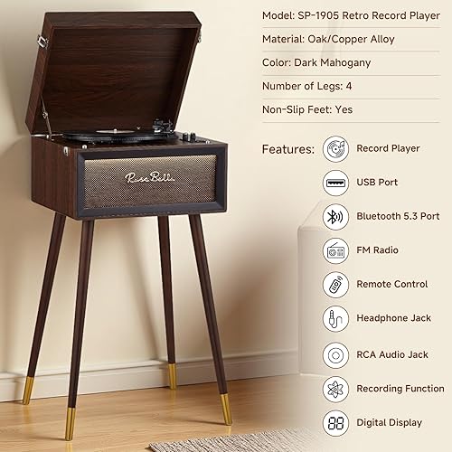 Miniatura 3 de Tocadiscos vintage con soporte, tocadiscos vintage Bluetooth con 3 velocidades y 3 tamaños, 4 altavoces integrados, control