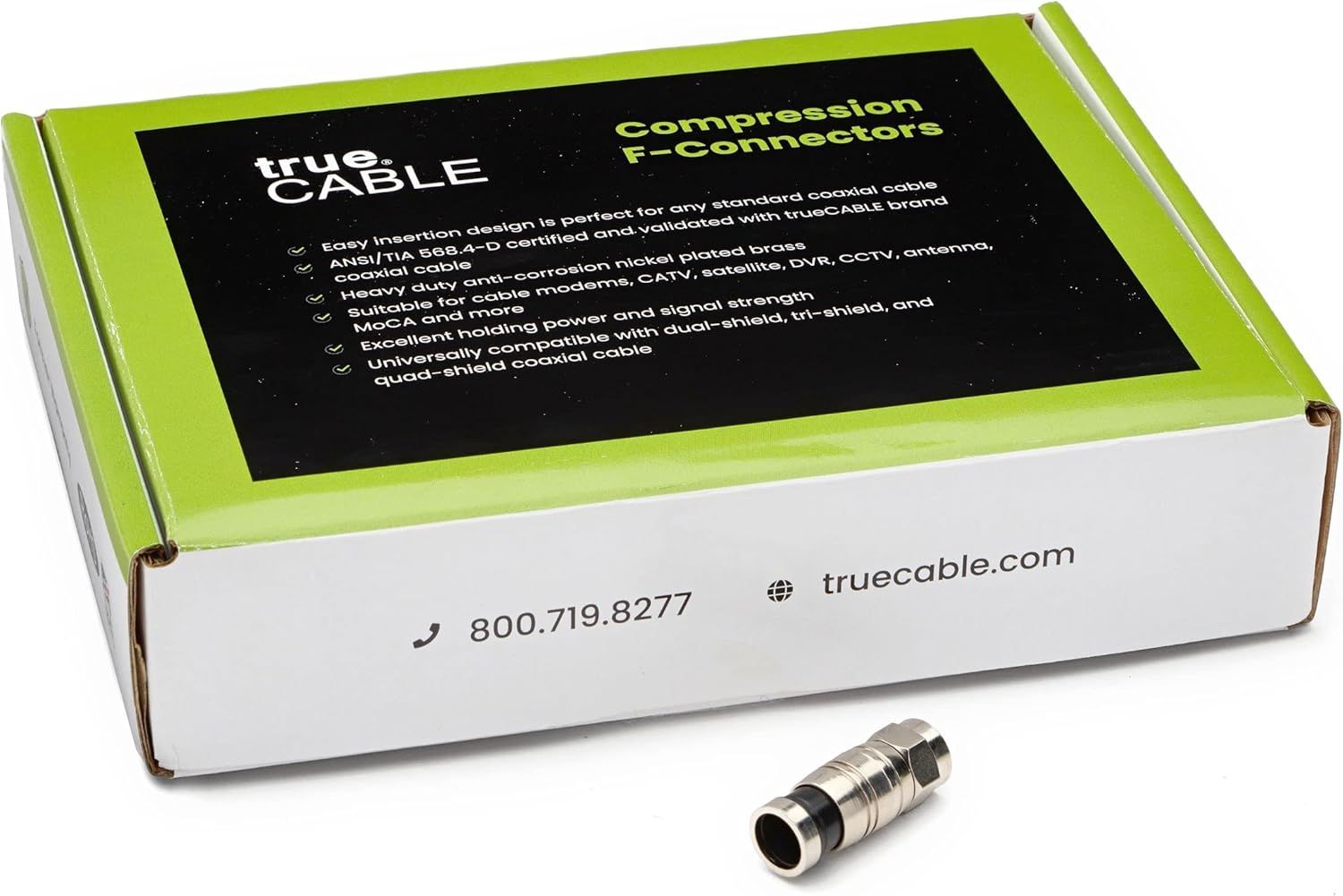 trueCABLE Universal Easy Fit RG6 & RG6Q Compression F-Connector for Dual Shield (DS) Tri-Shield and Quad Shield (QS) Coaxial Cable, 100 Pieces