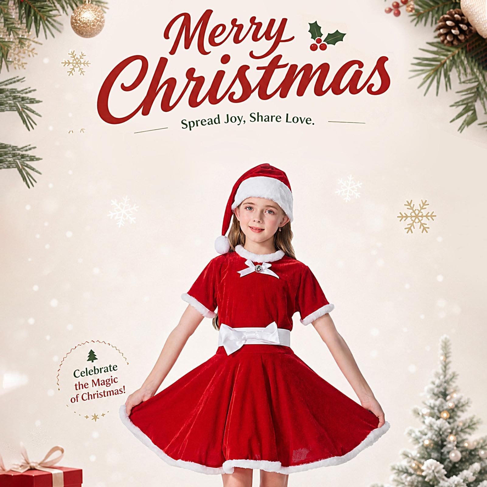 Vestito da Babbo Natale per Bambine Costume natalizio con cappello e