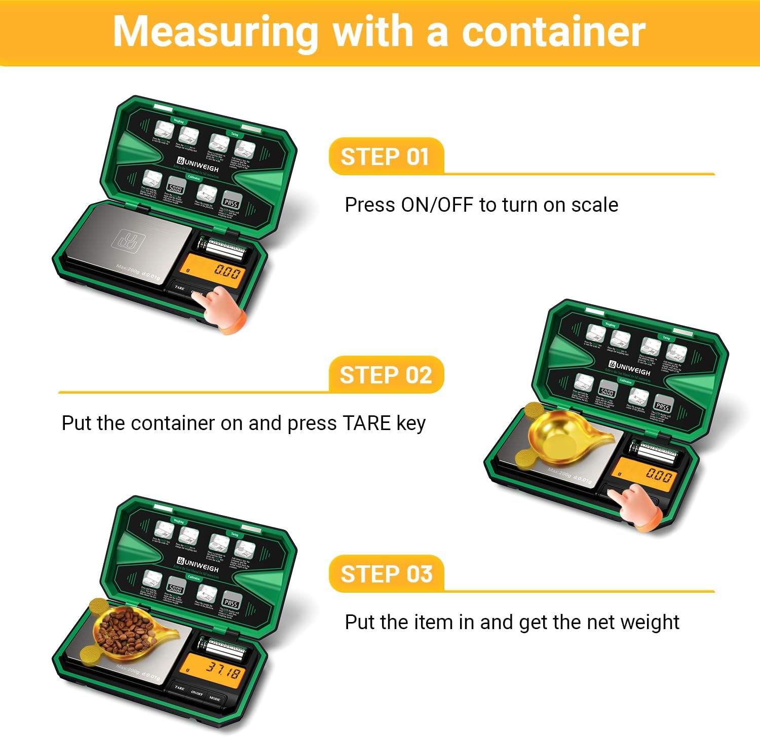 Step-by-step guide for measuring with a container using the tare function