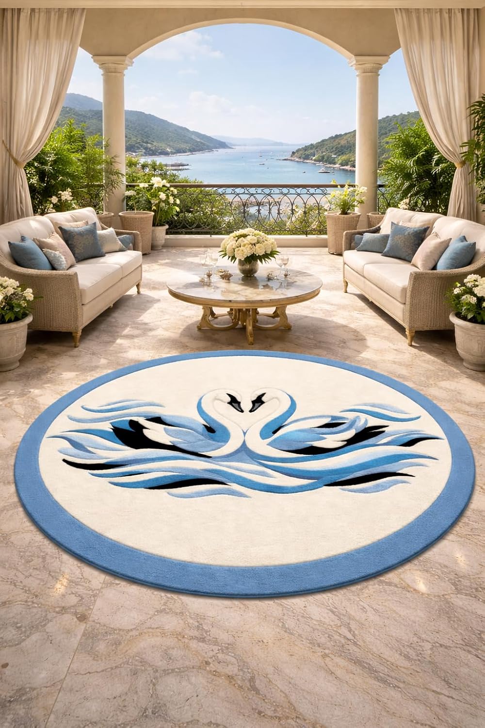 Oval Area Rug with Swan Design, Blue and Cream, Hand-Tufted, Heart Shape Swans, Water Wave Pattern, Living Room Bedroom Decor (9 * 10 feet)