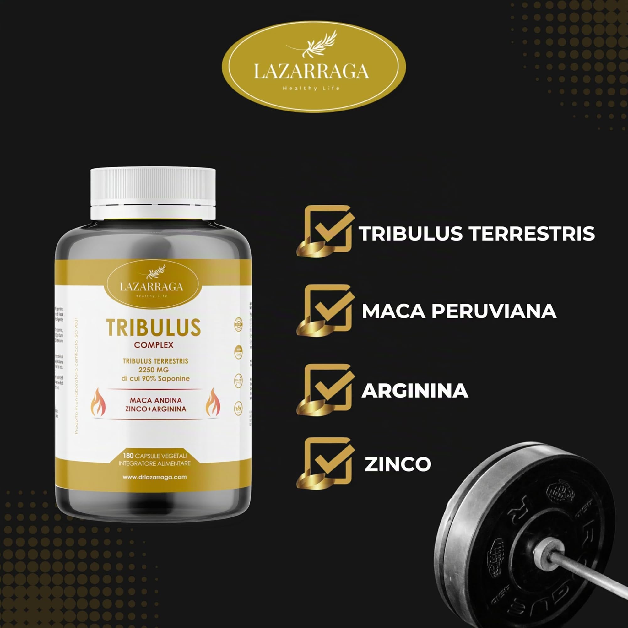 LAZARRAGA - Tribulus Terrestris 2250mg + Maca Peruviana + Arginina + Zinco integratore | 180 Capsules, Multivitaminico Uomo | Vitamine Uomo - 180 Capsule Vegane