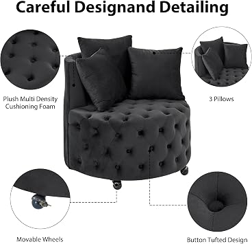 Round Velvet Accent Chair, 360 Degree Swivel Barrel Chair | Upholstered Chairs with 3 Pillows/Movable Wheels, Mid Century Modern Button Tufted Arm Chair for Living Room Bedroom
