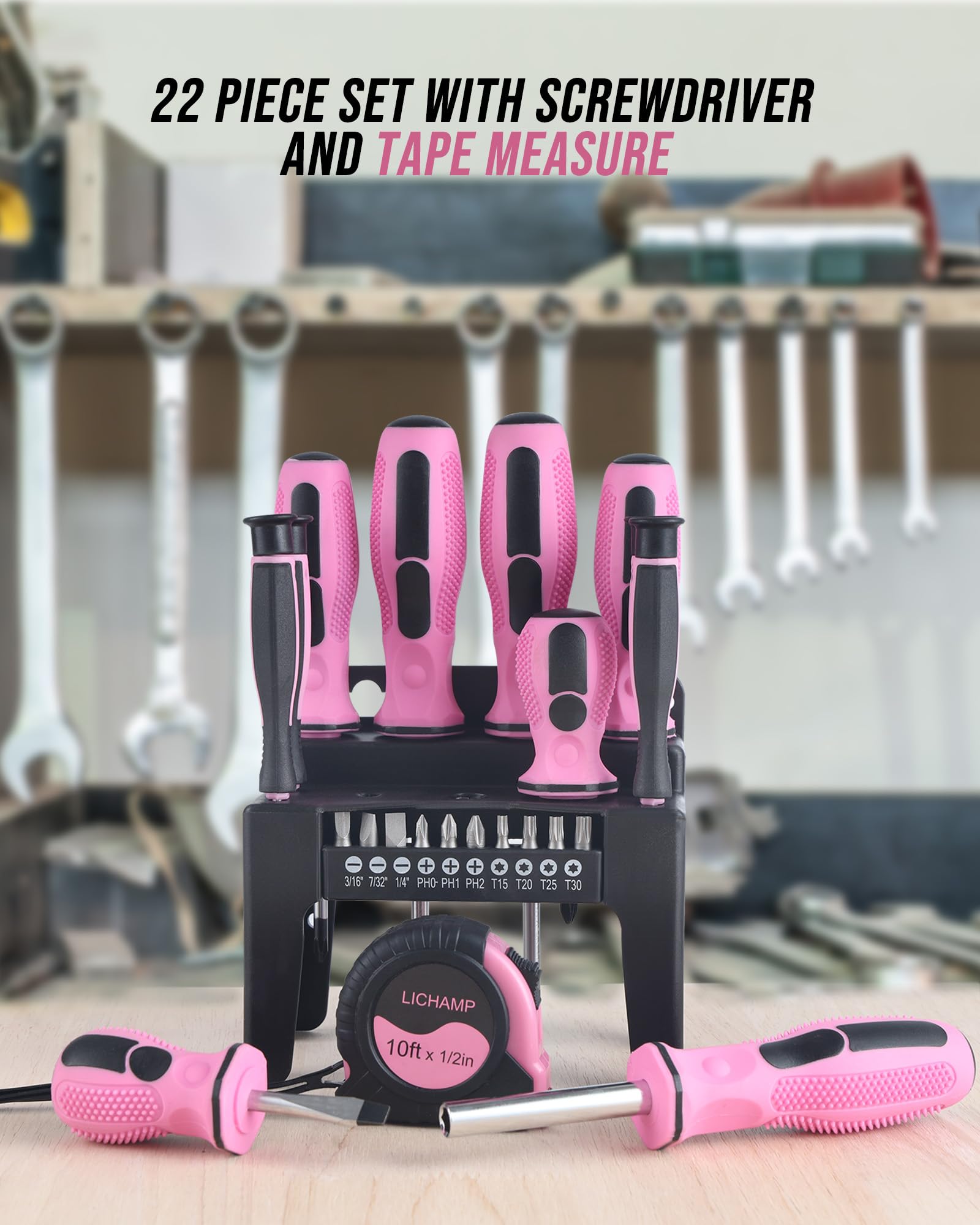 Lichamp Juego de 22 herramientas rosas, juego de destornilladores magnéticos pequeños para mujer con cinta métrica de 10 pies, color rosa