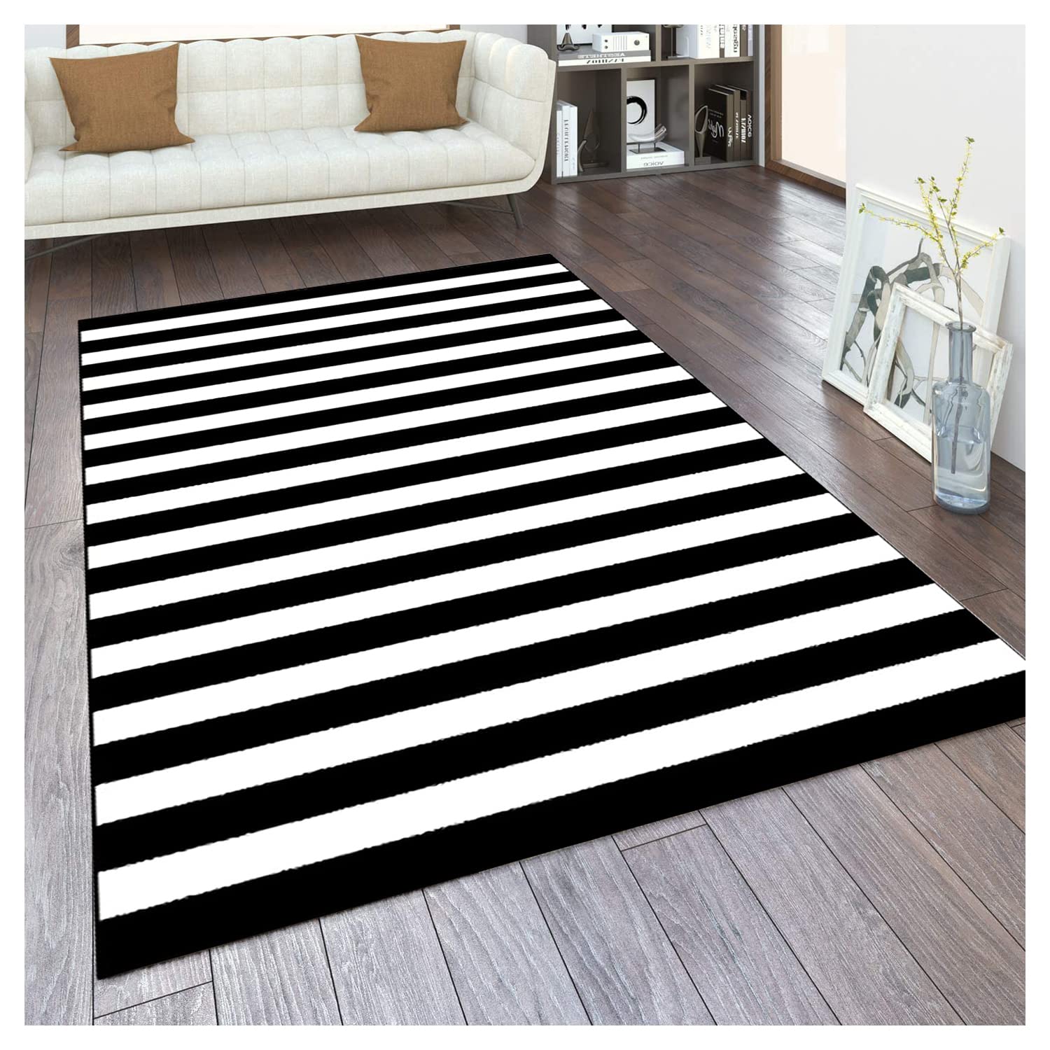 Moderne Antidérapant De Facile d'entretien Chambre Enfant Moquette Intérieure Salon Tapis rétro rayé Noir et blancTapis Lavable Tapis de Salon Créateur Tapis,Noir,150 * 200cm