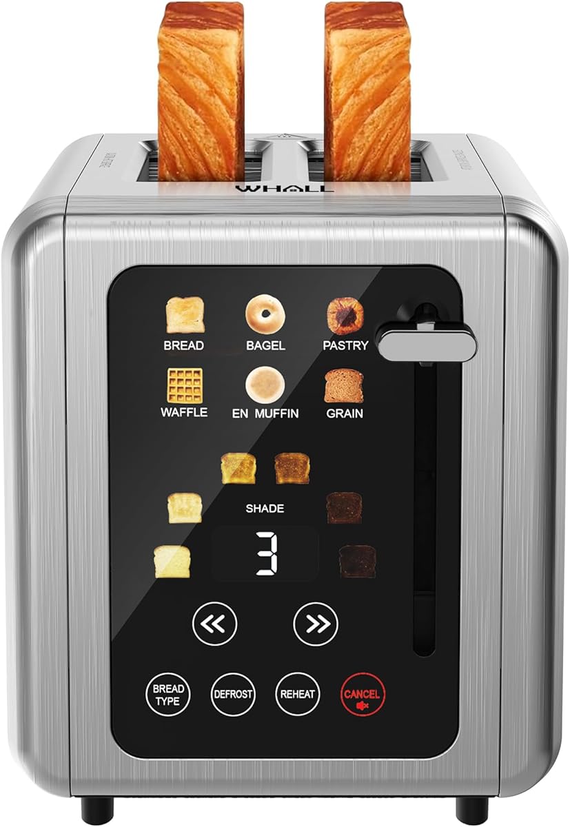 WHALL Touch Screen Toaster 2 Slice, Stainless Steel Digital Timer Toaster with Sound Function, Smart Extra Wide Slots Toaster with Bagel, Cancel, Defrost, 6 Bread Types & 6 Shade Settings
