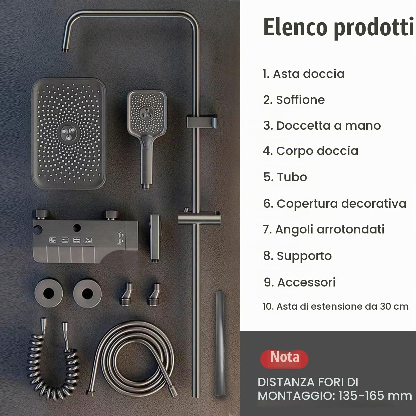 Colonna Doccia con Miscelatore Doccia Soffione Completo Asta Doccia con Soffione e Doccetta 135 cm Regolabile Soffione Doccia Quadrato (Grigio)