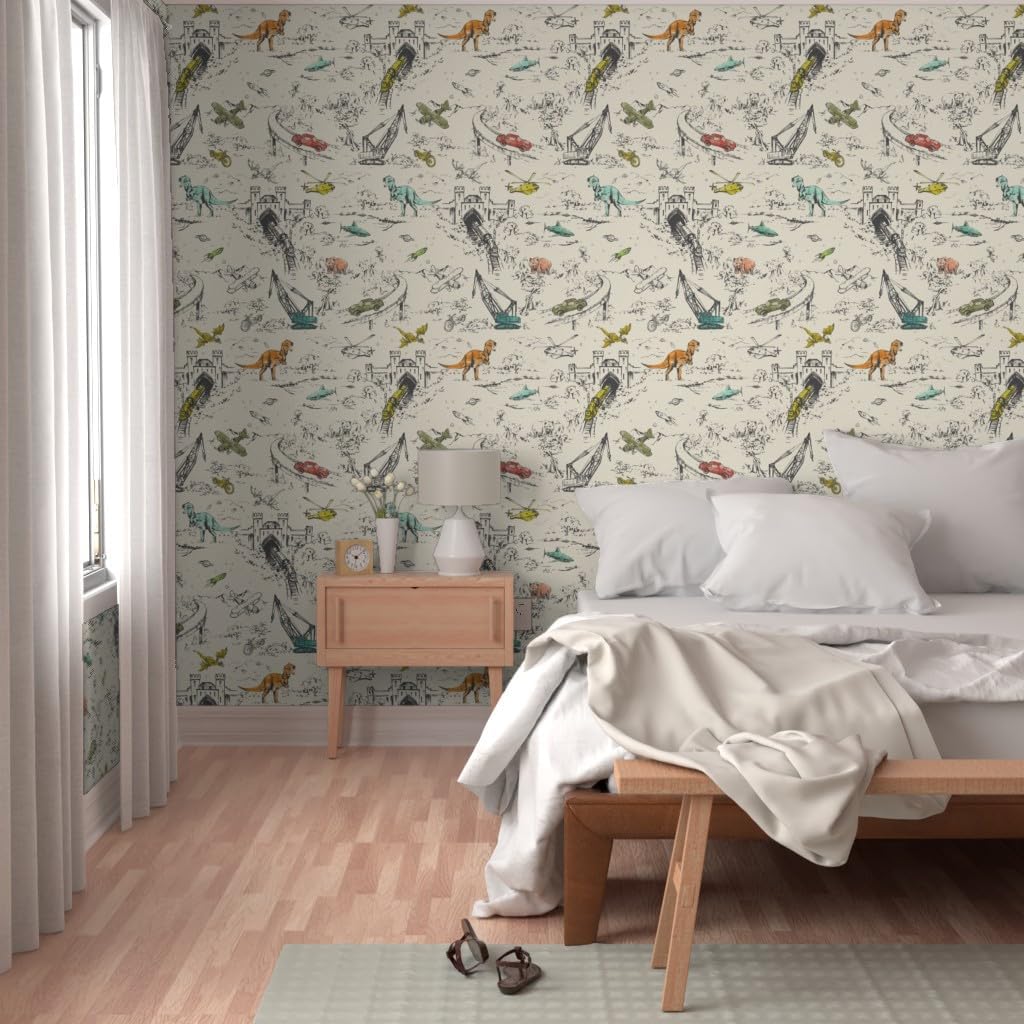 Peel & Stick Wallpaper Swatch - Kids Adventure Dinosaur Helicopter Train Construction Dragon Toile Custom Removable Wallpaper by Spoonflower