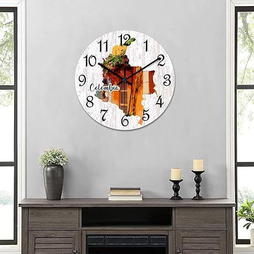 Miniatura 6 de Funlucy Reloj colgante de 12 pulgadas con paisaje colombiano, reloj de pared de madera, reloj de mapa de Colombia, relojes de cuarzo silencioso,