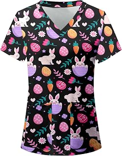 Easter Women Scrub Top Short Sleeve V-Neck T-Shirt Nursing Working Uniform Easter Eggs Bunny Chick Graphics Print Shirts
