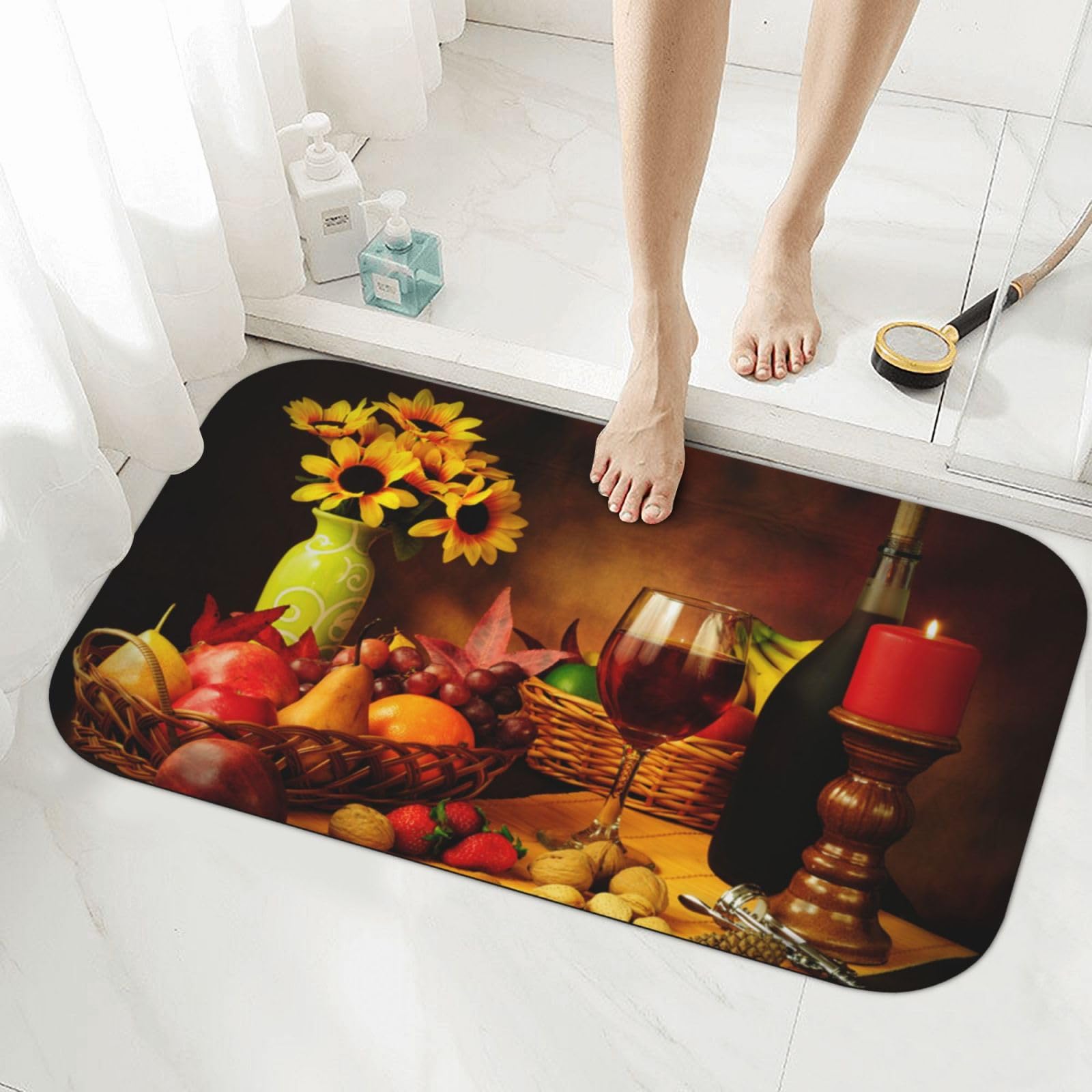 Tapis de douche rouge vin à motifs pour un réveil doux devant le lavabo